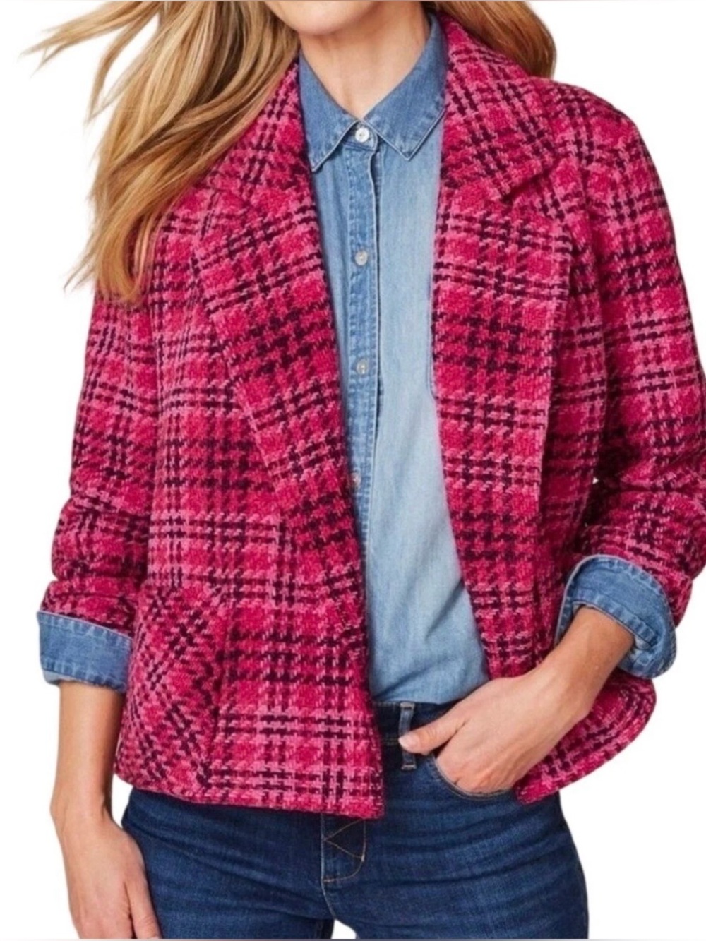 J. Jill Blazer Pink Black Plaid Bouclé Open Front Jacket Chenille Large